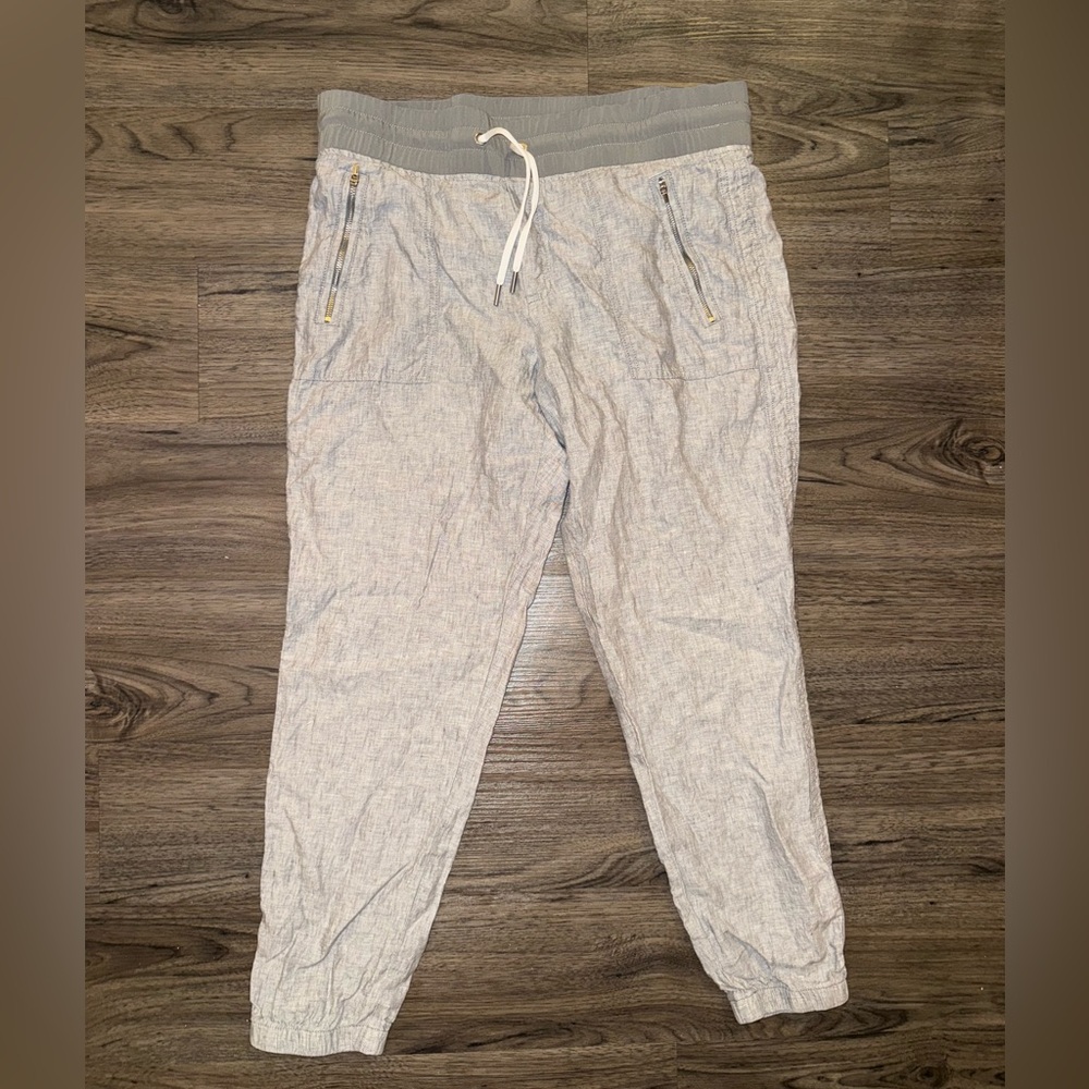 Athleta Cabo Linen Joggers Womens 12 Gray Pull On Chambray Beach